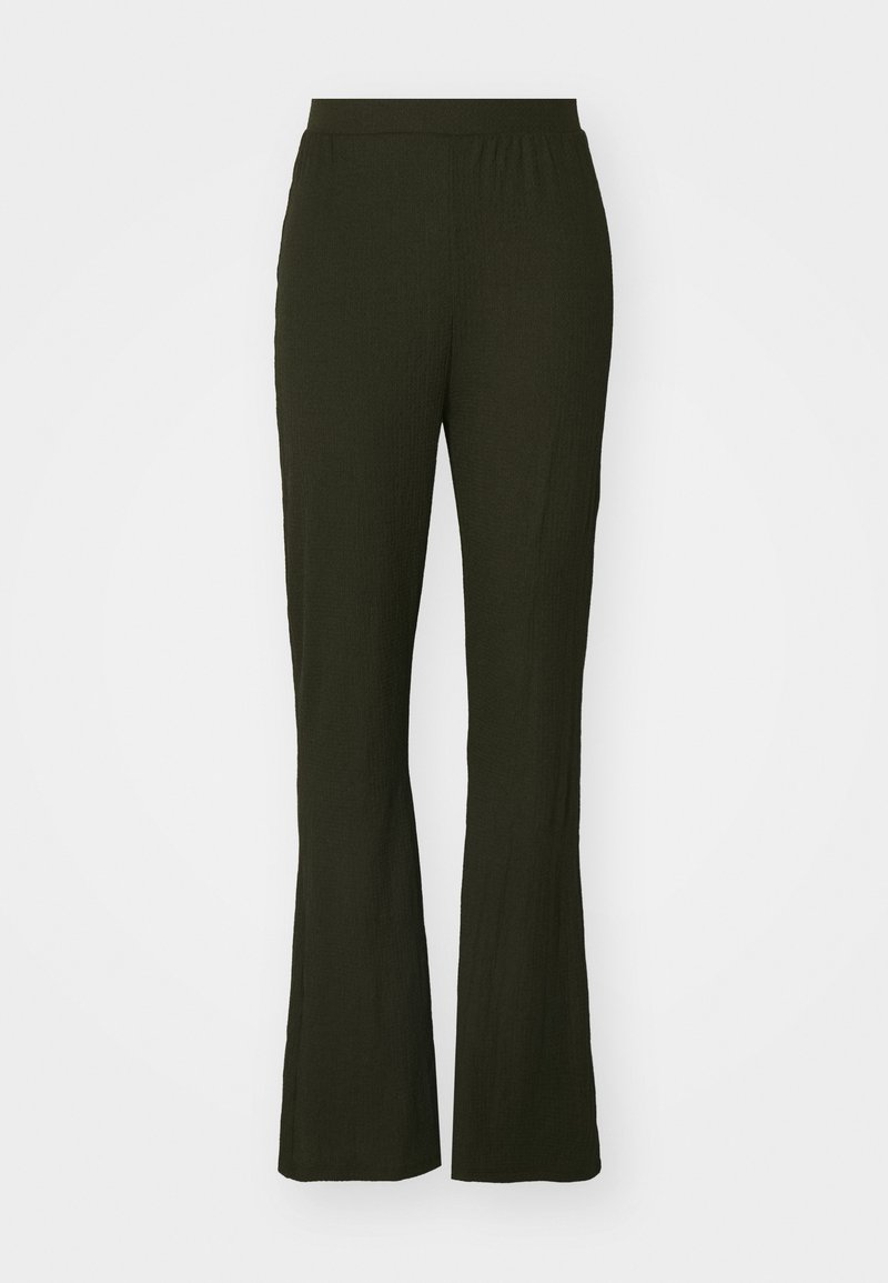 Dunkelgrüne, ausgestellt geschnittene Hose mit einem elastischen Bund. Hergestellt aus strukturiertem Stoff, bieten sie einen lockeren Sitz und einen langen Schnitt.