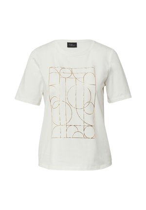 Witte T-shirt van katoen met een geometrisch gouden patroon van lijnen en cirkels aan de voorkant. Korte mouwen en ronde halslijn.