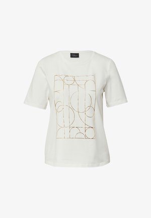 T-shirt blanc en coton featuring un motif géométrique doré avec des lignes et des cercles sur le devant. Manches courtes et col rond.