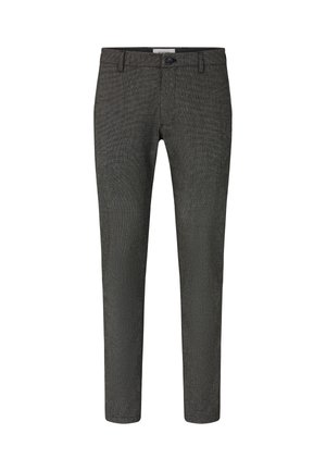 Graue gewobene Hose mit texturiertem Finish, Slim-Fit-Design, vorderem Knopfverschluss und seitlichen Taschen. Eignet sich für verschiedene legere Anlässe.