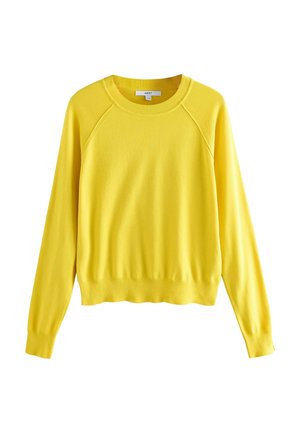Gelber Pullover mit langen Raglanärmeln, rundem Ausschnitt, geripptem Saum und weicher Textur. Verfügt über ein schlichtes Design ohne Muster oder Verzierungen.