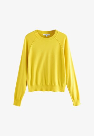 Gelber Pullover mit langen Raglanärmeln, rundem Ausschnitt, geripptem Saum und weicher Textur. Verfügt über ein schlichtes Design ohne Muster oder Verzierungen.