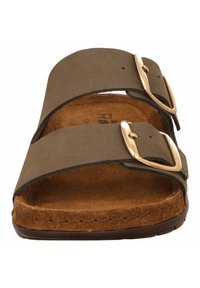 Braune Leder-Sandale mit zwei verstellbaren Schnallenriemen, Korkfußbett und strukturiertem Sohlenbereich. Flaches Design, geeignet für lässige Kleidung.