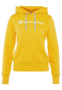 Sweat à capuche jaune en tissu mélangé coton avec une poche avant, un logo blanc et des cordons avec détails de la marque le long des bords.