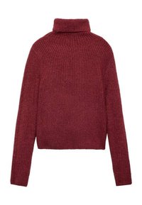 Bordeaux coltrui met ribbeltextuur, lange mouwen en een cropped ontwerp, gemaakt van gebreid materiaal.