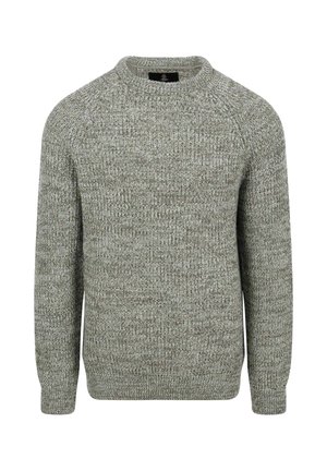 Grey knitted long-sleeve sweater with a crew neck and ribbed cuffs and hem, designed for cold weather comfort.