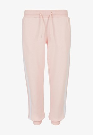 Lyserøde sweatpants med en ribbet talje og justerbar snøre. Har hvide sidestreger og ribbede manchetter ved anklerne.
