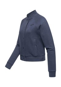 Navy blue sweatshirt jacket with a ribbed collar, button closure, side pockets, and textured fabric. Features a small logo on the chest.