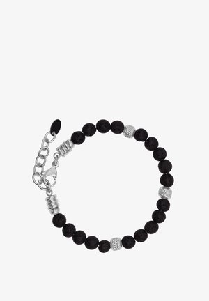 Juoda lavos akmens apyrankė su sidabriniais metaliniais akcentais, turinti apvalius karoliukus ir tekstūruotą dizainą, užsegama krabų užsegimu.