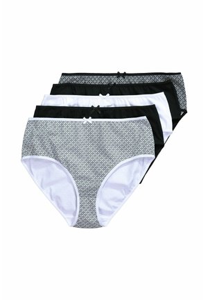 Sæt med fire dametrusser i sort, hvid og et mønstret design. Fremstillet af blødt stof med sløjfeudsmykninger på linningen.