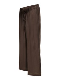 Pantalon marron à jambes larges avec taille élastique et cordon, fabriqué en tissu léger texturé.