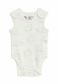 Bílý bavlněný bezrukávový bodysuit s potiskem světle modrých slonů, s ramenními patentkami pro snadné oblékání a hladkým, jemným materiálem.