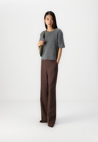 Maglione grigio, corto, e peloso a maniche corte abbinato a pantaloni marroni a vita alta e a gamba larga. Il modello tiene una borsa verde. Sfondo semplice.