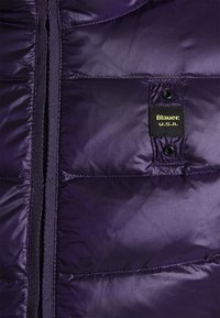 Paarse donzen jas met een glanzende, getextureerde afwerking. Voorzien van een ritssluiting aan de voorkant en een label met de tekst "Blauer: U.S.A." in zwart op een genaaide patch.