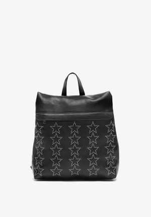 Black leather backpack featuring a smooth texture, adorned with silver star-shaped studs arranged in vertical columns, and a top handle.