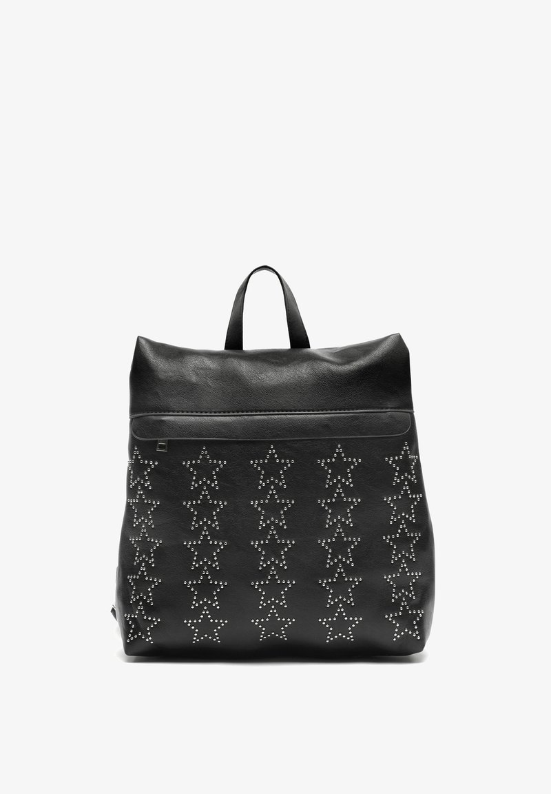 Black leather backpack featuring a smooth texture, adorned with silver star-shaped studs arranged in vertical columns, and a top handle.