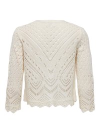 Cardigan en maille couleur crème avec motifs ajourés complexes, manches longues et ourlet festonné, vu de dos.
