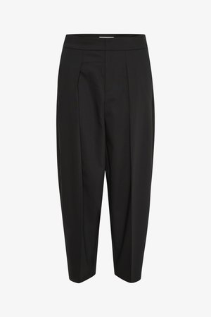 Black trousers with a smooth fabric, featuring a high waist, center crease, and tapered legs. No visible pockets or embellishments.