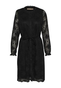 Svart spetsklänning med långa ärmar, knappframsidan och knytmidja. Har blommönster och vågiga kanter på ärmarna och fållen.