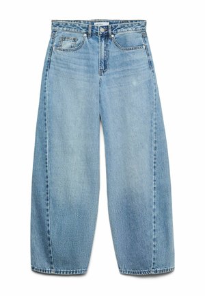 Jean en denim bleu clair à jambes larges, taille haute, poches avant, passants pour ceinture et fermeture à bouton.