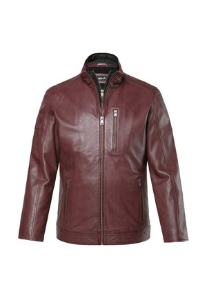 Bordeauxrote Lederjacke mit steigendem Kragen, vorderem Reißverschluss und zwei Seitentaschen. Verfügt über eine Brusttasche mit Reißverschluss. Glatte Textur.