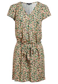 Robe florale en tissu léger, avec un col en V, des manches courtes et une taille à nouer. Les couleurs comprennent des motifs verts, roses et crème.