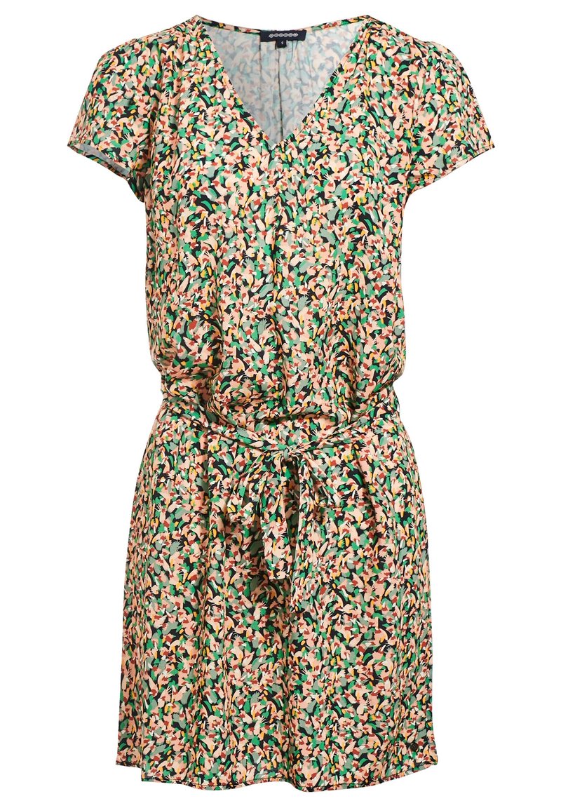 Robe florale en tissu léger, avec un col en V, des manches courtes et une taille à nouer. Les couleurs comprennent des motifs verts, roses et crème.