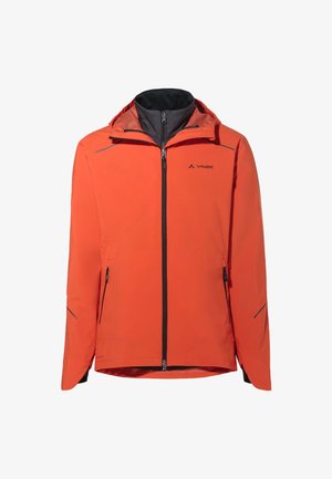 Oranje waterdichte jas met een ritsluiting, capuchon en twee zijzakken. Beschikt over zwarte accenten en reflecterende elementen voor zichtbaarheid.