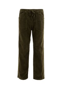 Pantaloni in corduroy verde oliva con cintura elastica, cordoncino, tasche frontali e design a gamba dritta. Texture morbida con motivo a coste.