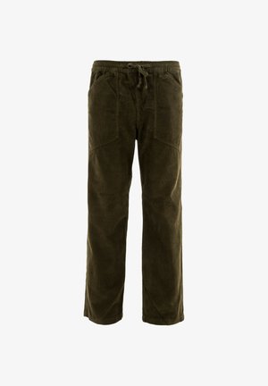 Pantaloni in corduroy verde oliva con cintura elastica, cordoncino, tasche frontali e design a gamba dritta. Texture morbida con motivo a coste.