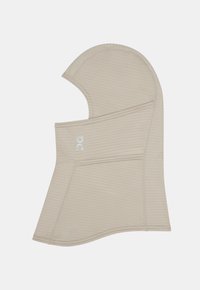 Beige seamless balaclava with a high neck and a small reflective logo on the side, designed for full-head coverage and outdoor use.