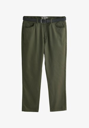 Olive green pants with a straight cut, featuring a black belt, two front pockets, and smooth fabric texture.