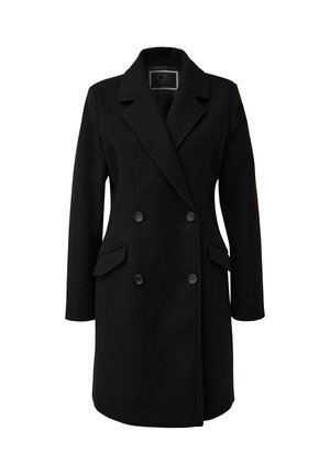 Crni kaput od vune s mješavinom, dvostrukim zapenjanjem, oštrim reverima, dva prednja džepa i šest velikih crnih gumba. Glatka tekstura.