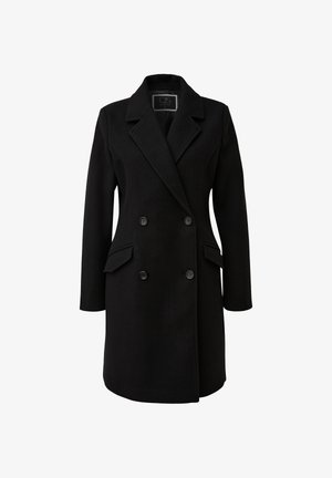 Crni kaput od vune s mješavinom, dvostrukim zapenjanjem, oštrim reverima, dva prednja džepa i šest velikih crnih gumba. Glatka tekstura.