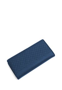 Navy-blue wallet made of textured synthetic material, featuring a diamond pattern, rectangular shape, with stitched accents along the edges.