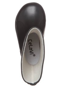 Botte en caoutchouc noir avec un extérieur lisse et une doublure douce beige. Le design présente un bout rond et une construction sans couture.