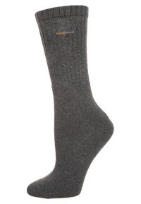 Gray ribbed socks with a textured finish and an orange logo. Features a classic crew length design with reinforced heel and toe sections.