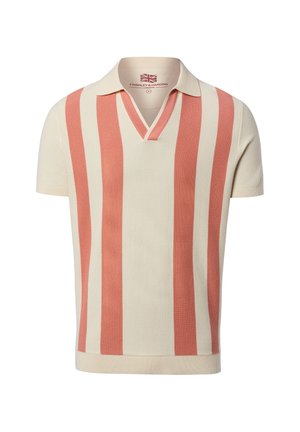 Korte mouw gebreide poloshirt met brede verticale koraalstrepen op een crèmekleurige achtergrond en een V-hals kraag.