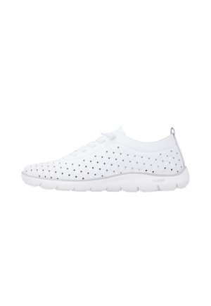 White sneaker with hexagonal perforations, lace-up closure, and cushioned sole designed for comfort and breathability.