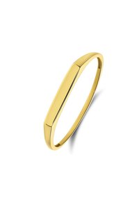 Gouden armband in de vorm van een platte, rechthoekige schijf. Glad oppervlak, minimalistisch ontwerp en gepolijste afwerking. Geen versieringen.