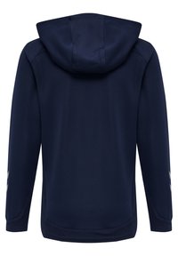 Marinblå hoodie med texturerad tyg, långa ärmar och dragsko på huven. Har kontrasterande detaljer på ärmarna och en slät, figurnära design.