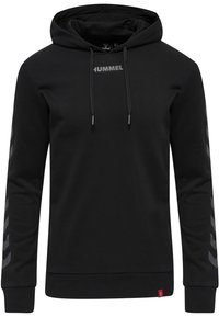 Schwarzer Kapuzenpullover aus Baumwollmischung, mit einem Logo auf der Vorderseite, einer Kordelzugkapuze und einem grauen Chevronmuster an den Ärmeln sowie gerippten Bündchen und Saum.