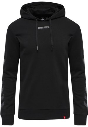 Schwarzer Kapuzenpullover aus Baumwollmischung, mit einem Logo auf der Vorderseite, einer Kordelzugkapuze und einem grauen Chevronmuster an den Ärmeln sowie gerippten Bündchen und Saum.