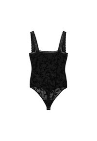 Schwarzer Spitzenbody mit floralem Muster, breiten Trägern mit strukturiertem Rand und Druckverschluss unten. Transparentes Material mit filigranen Details.