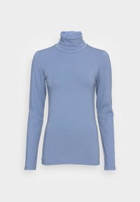 Maglione a collo alto a maniche lunghe di colore azzurro chiaro, realizzato in materiale morbido. Presenta un design aderente e una texture liscia, con un dettaglio al collo alto.
