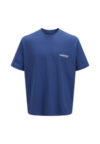 Camiseta de cuello redondo de manga corta en algodón azul liso. Presenta un pequeño logo impreso en blanco en el pecho. Ajuste relajado y textura suave.