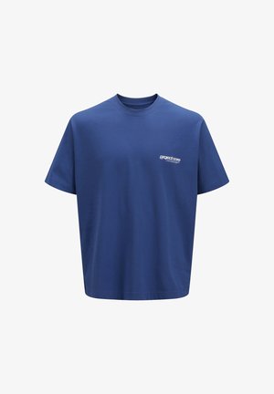 Short-sleeve crewneck t-shirt in solid blue cotton. Features a small white printed logo on the chest. Relaxed fit and smooth texture.