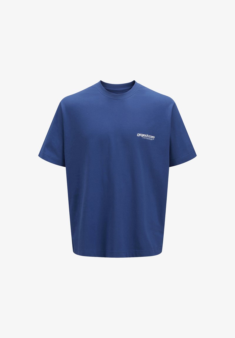 Short-sleeve crewneck t-shirt in solid blue cotton. Features a small white printed logo on the chest. Relaxed fit and smooth texture.