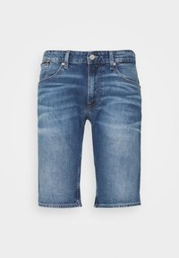 Ljusblå denimshorts, fem fickor, standardmidja, knappstängning, något blekta med rak benvidd och överlockad nederkant.