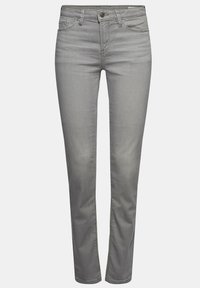 Jean en denim gris coupe slim avec fermeture avant par bouton et zip, style cinq poches, et détails subtils délavés sur les cuisses.